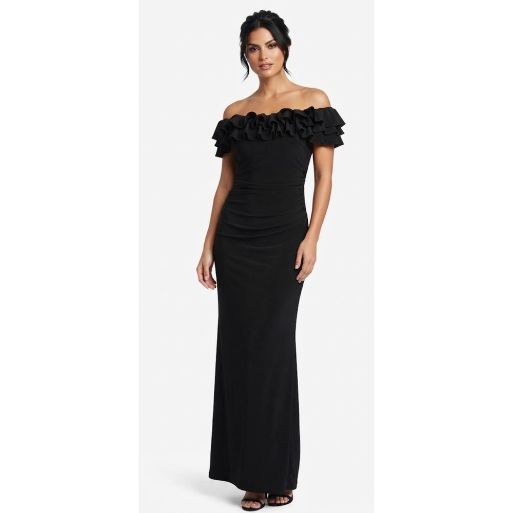 XSCAPE Off Shoulder Ruffle Gown Women 8 Black Glam Formal Wedding Guest Dress